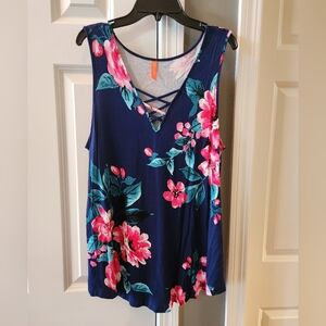 Feiersi Floral Crisscross V-Neck Tank Top - Navy with Pink Floral- Size XL